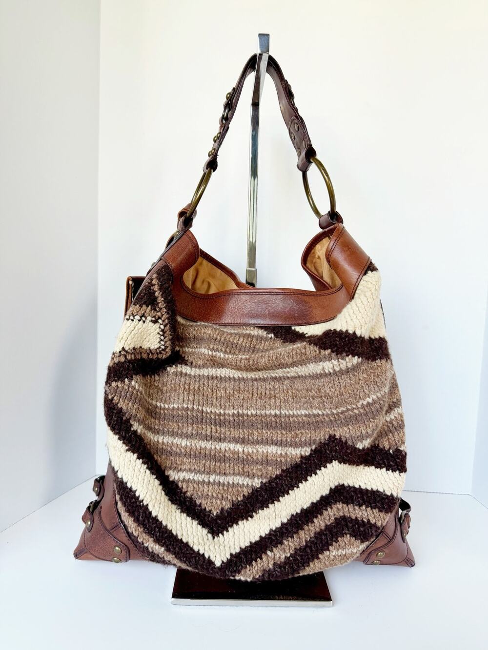 Ralph Lauren Knit Wool Leather Hobo Bag Brown Cream Chevron Southwestern Studded